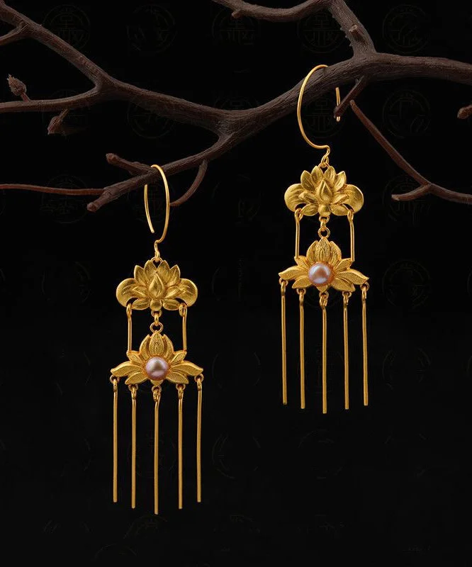Vintage Gold Sterling Silver Overgild Pearl Floral Tassel Drop Earrings