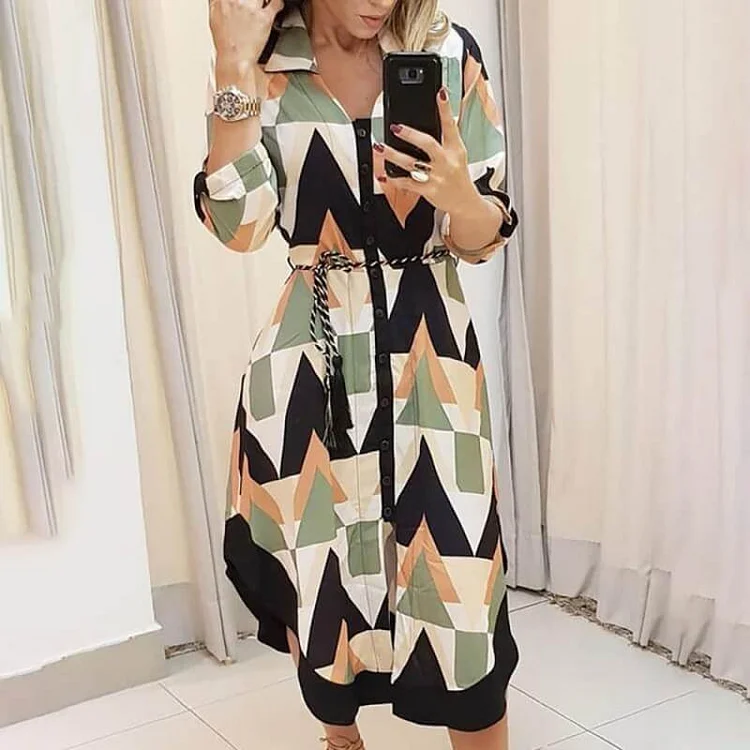Elegant Print Printing Turndown Collar A Line Dresses