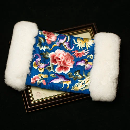 Winter Handmade Silk Hand Warmers Antique Embroidery Pillow Mobile Phone Bag Chinese Style Rex Rabbit Fur Gloves