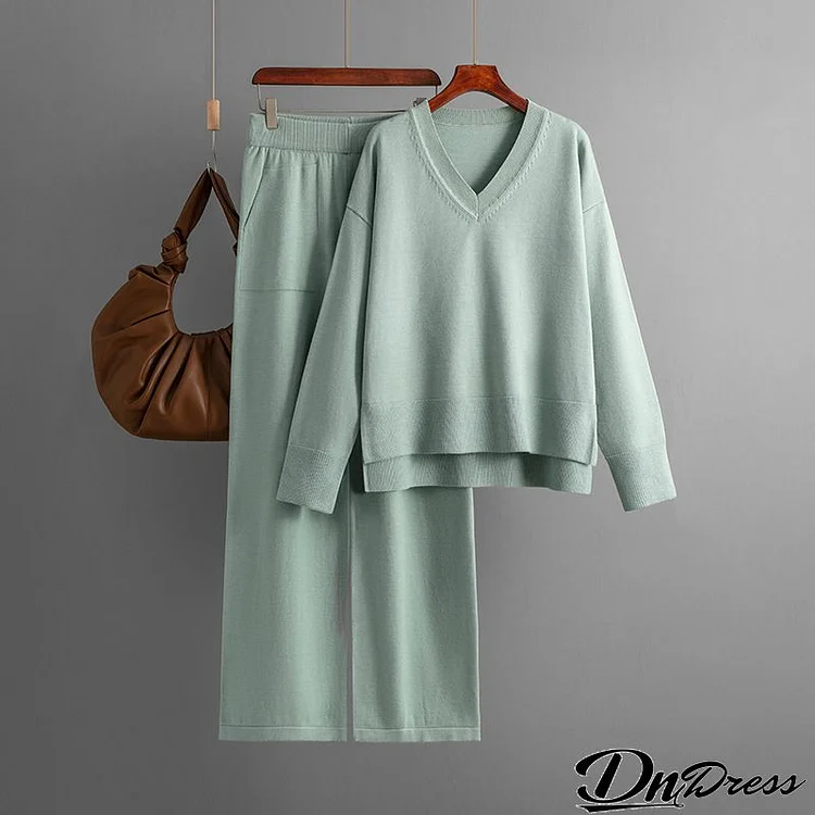 Autumn Winter Women Fashion Loose Casual Solid Color Sweater Pants Two-Piece Set