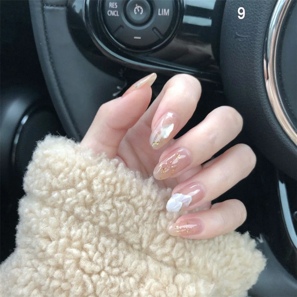 24Pcs Detachable False Nails Nude Gentle Glitter Almond Head Wearable Fake Nails Full Cover French Artificial Nail Extension Tip-Nail Inspo