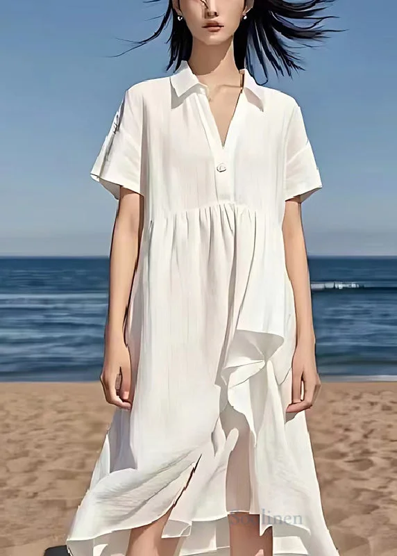 Pre sale - shipping in 30 days/Simple White V Neck Exra Large Hem Linen Beach Dress Summer