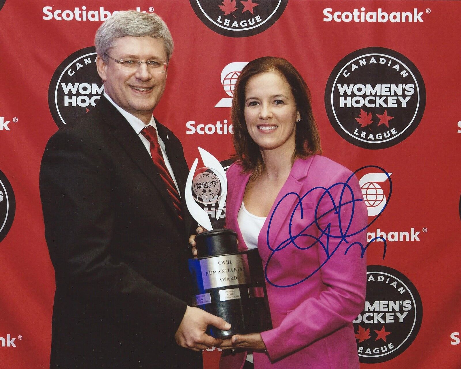 Cassie Campbell Signed 8x10 Photo Poster painting CWHL Women's Hockey Award W/Stephen Harper COA