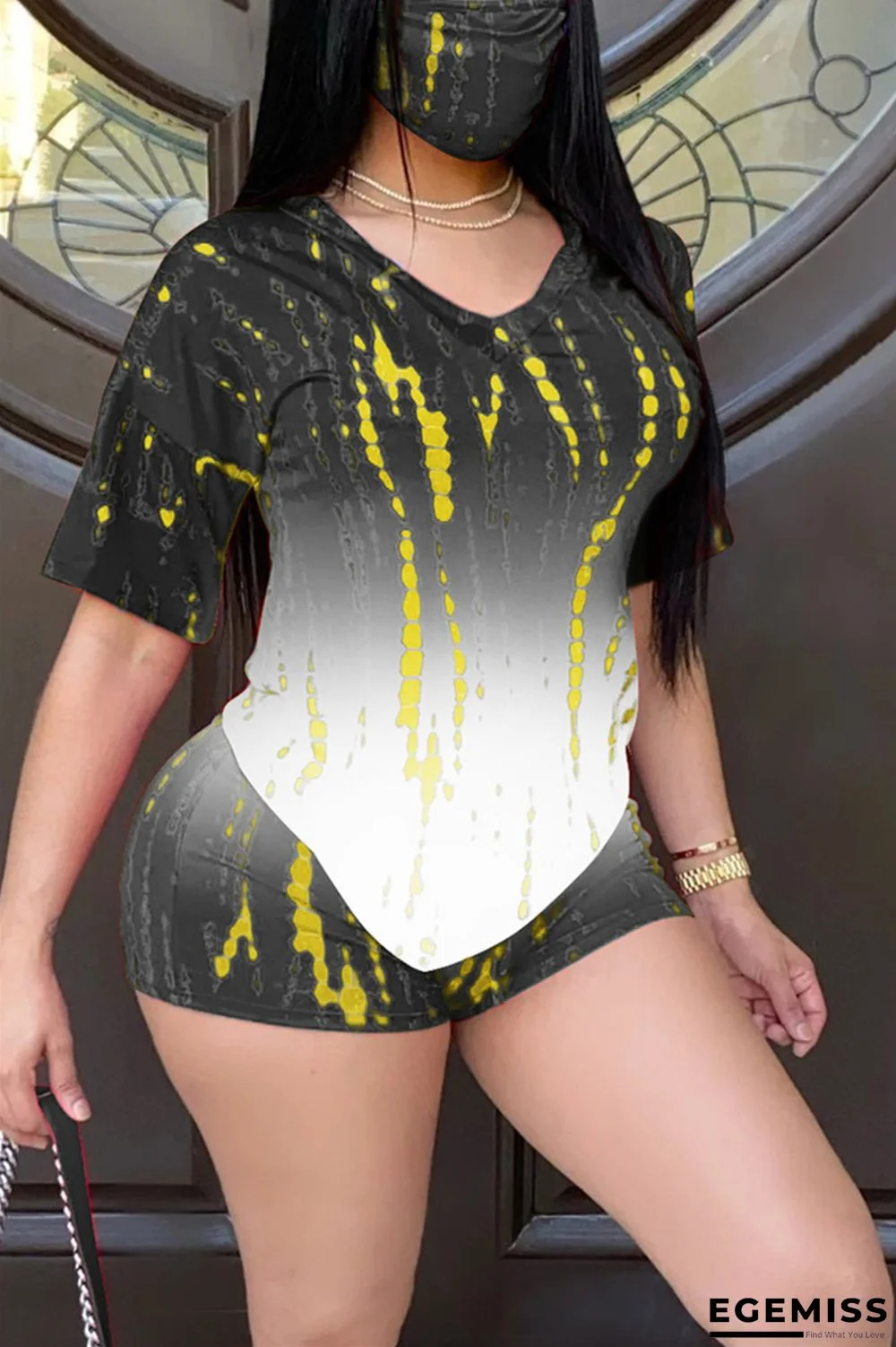 Black Fashion Celebrities adult Ma'am Print Tie Dye contrast color Two Piece Suits pencil Short Sleeve Two Pieces | EGEMISS