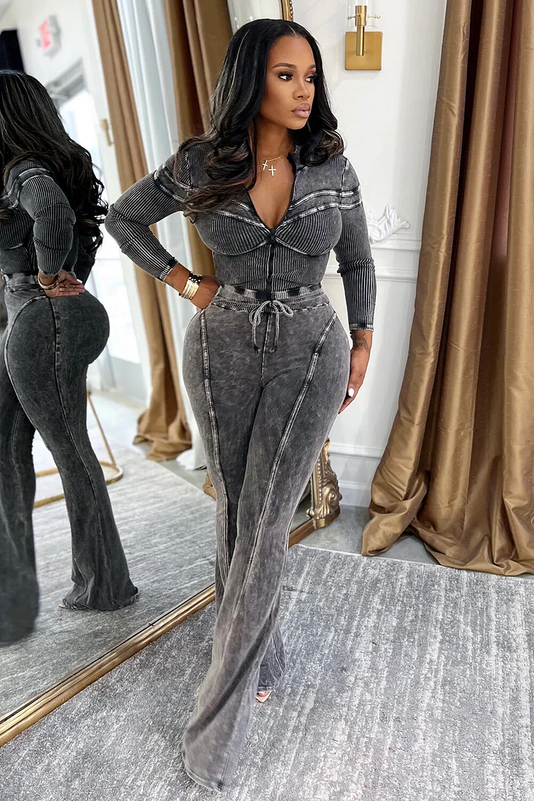 Long Sleeve Zipper Top Tie Up Bootcut Pants 2pcs Set-Coffee