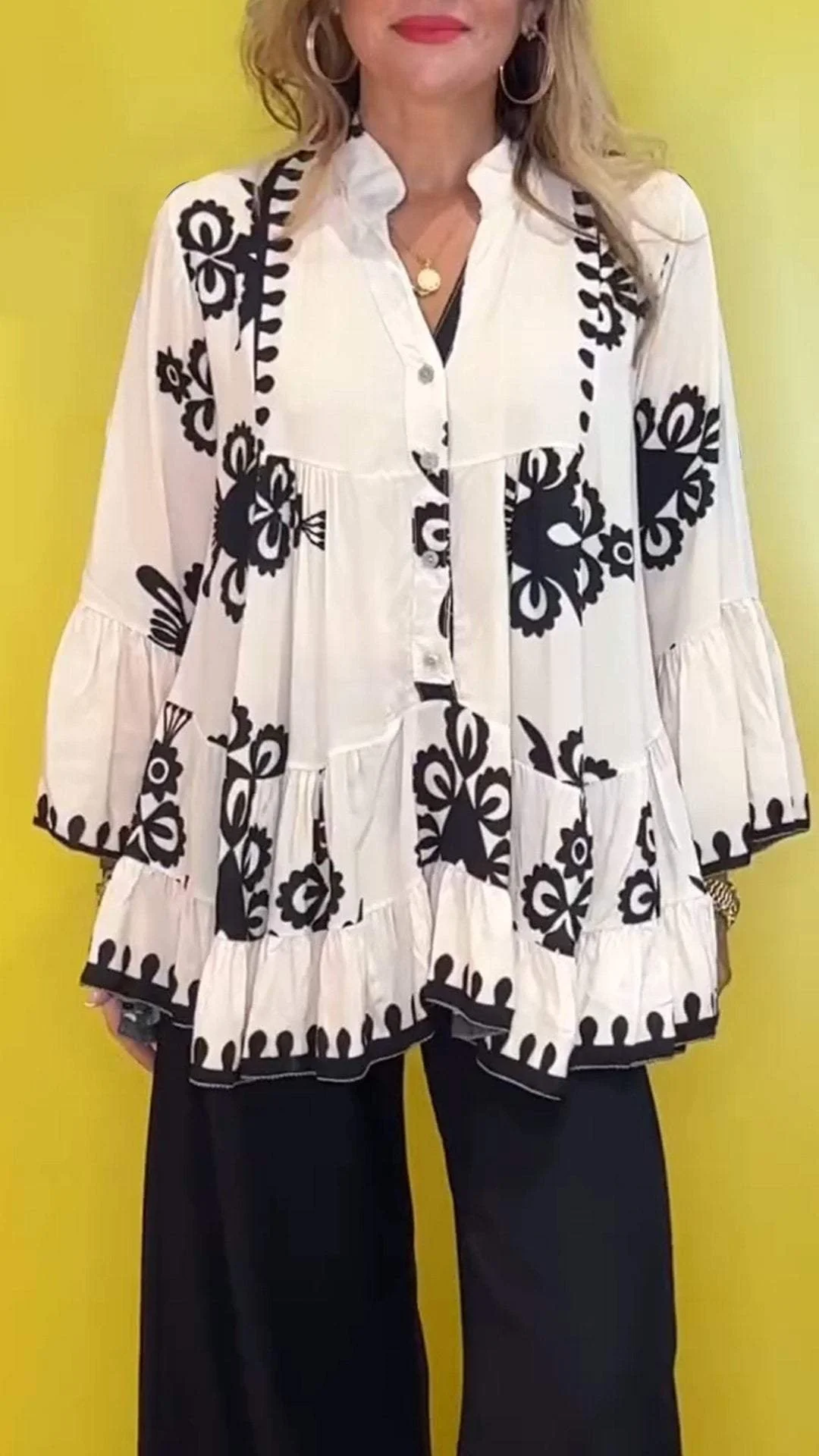 V-neck Printed Long-Sleeve Ruffle Blouse (Buy 2 Free Shipping)