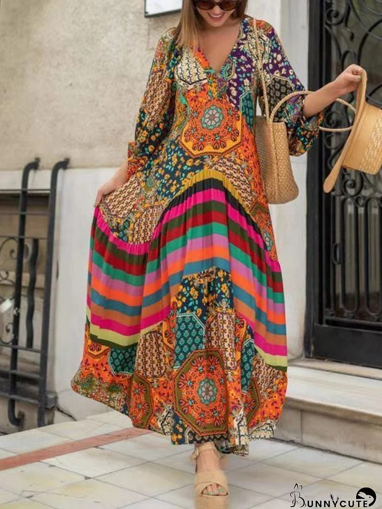 Dresses Vintage Print V-Neck Long Sleeve Dress for Women