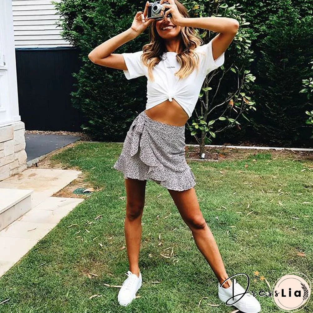 Multi Dot Print Short Mini Skirts Women Summer Ruffle High Waist Bow Tie Skirt Ladies Streetwear Slim Bottoms Saias