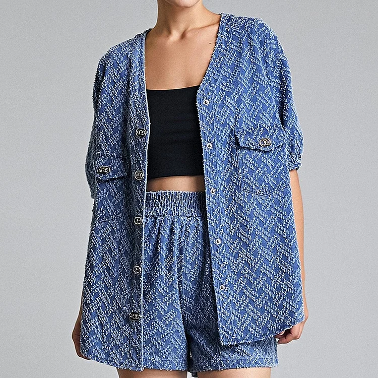 Royal Blue Frayed Denim Longline Button-Up Top & Shorts Two-Piece Set QueenFunky
