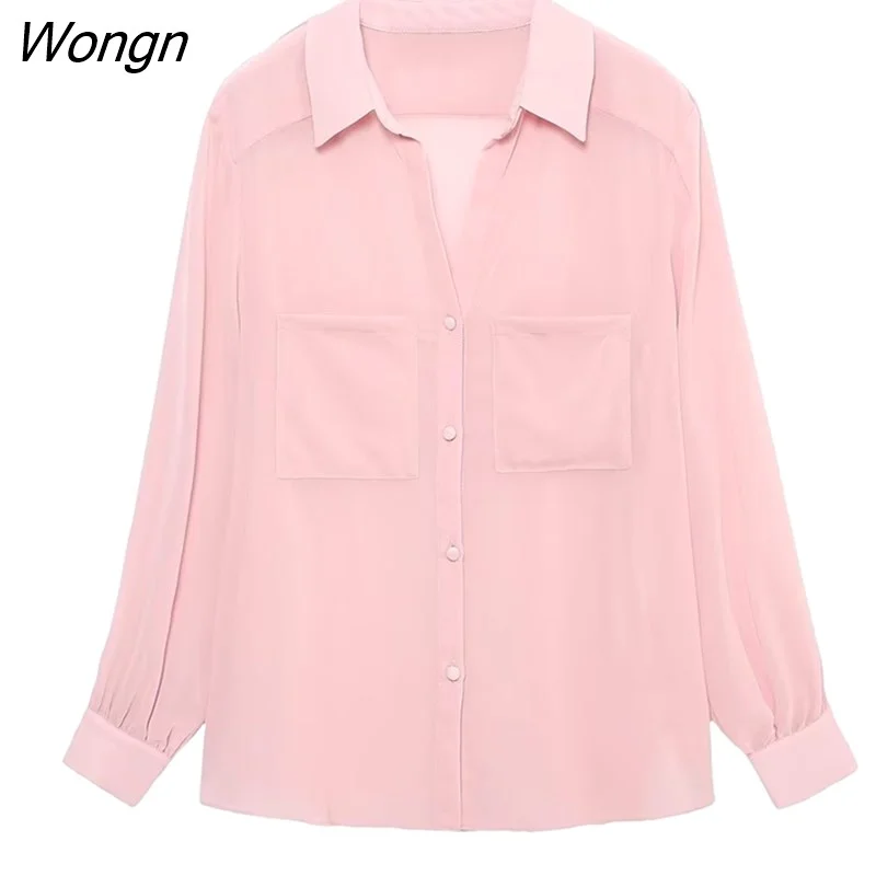 Wongn 2023 Thin Women Solid Blouses With Patch Pockets Spring Autumn Casual Long Sleeved Tops Summer Single Breasted T-Shirts