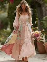 Women's Rose Floral Patchwork Casual Resort Linen Blend Long-sleeved Dress