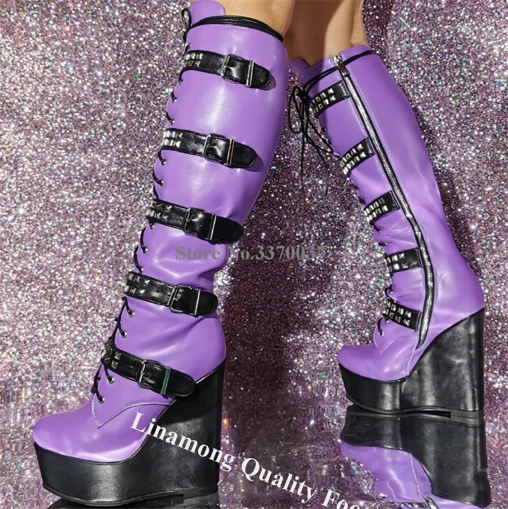 VCSHOES Purple Patchwork Black Wedge Heel Knee High Boots Round Toe Straps Rivets Buckles High Platform Wedges Big Size Boots