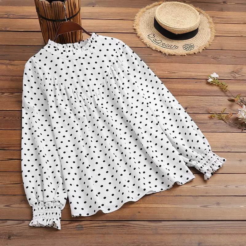 Spring Long Sleeve Ruffles Shirt ZANZEA Women Vintage Polka Dot Printed Blouse Female Elegant OL Blusas Casual Party Tops Tunic