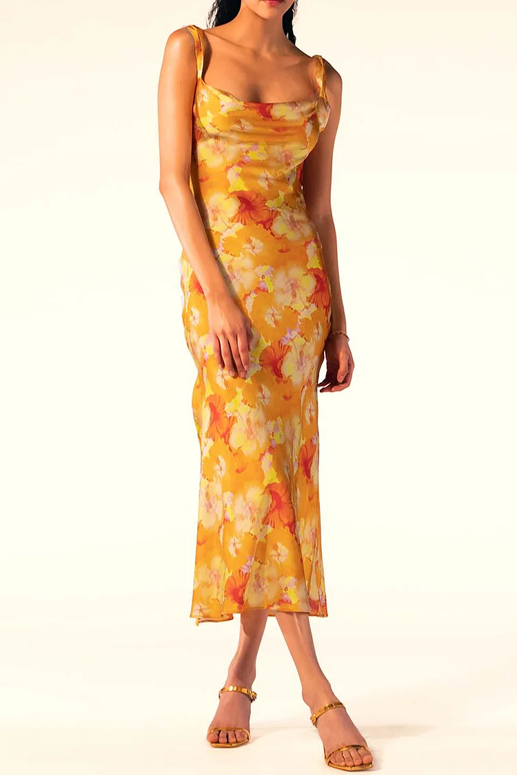 Cami Boat Neck Backless High Slit Floral Print Slim Vacation Midi Dresses [Pre Order]