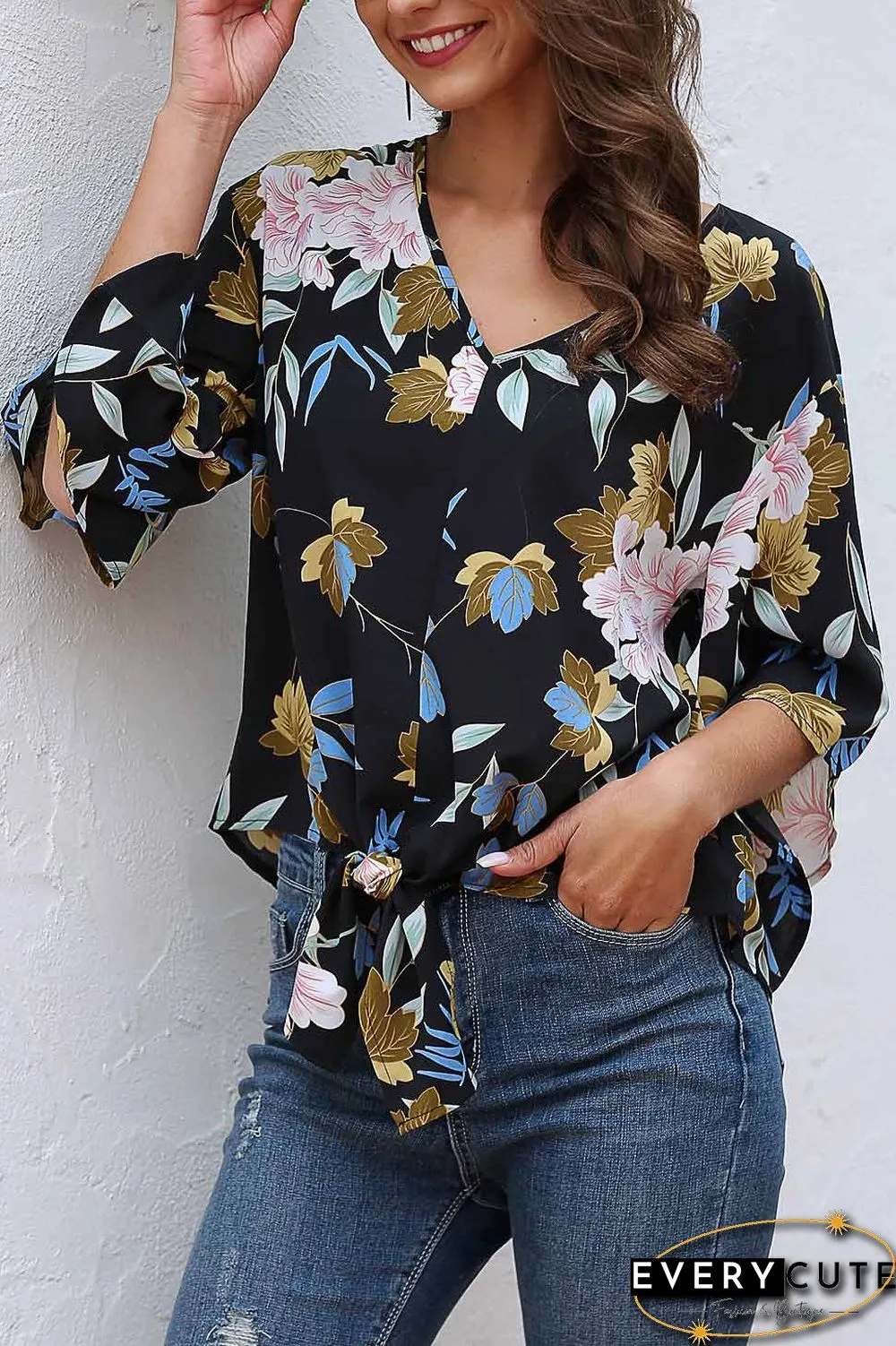 Loose Floral Knot Hem Chiffon Blouse