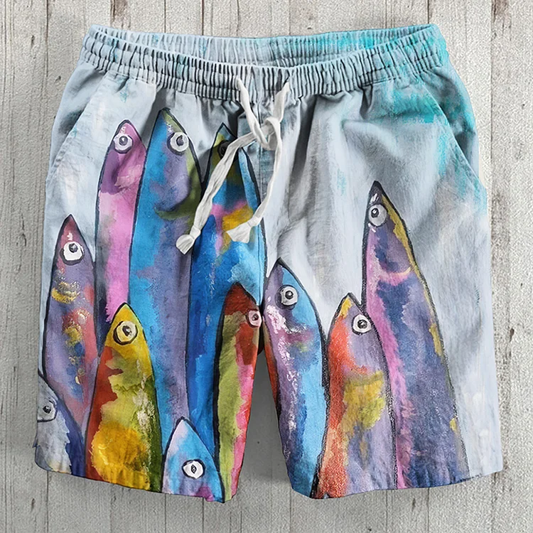 Japanese Fish Watercolor Art Printed Linen Blend Casual Shorts