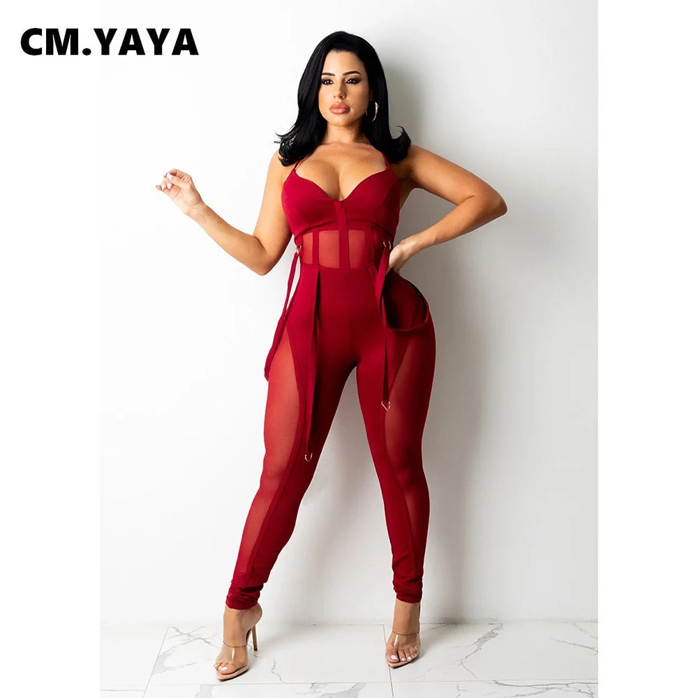 CM.YAYA Women Jumpsuits Solid Mesh See-through Strap Rompers Sexy Fashion Stretchy Pencil One Piece Overalls Stylish Outfit Fall