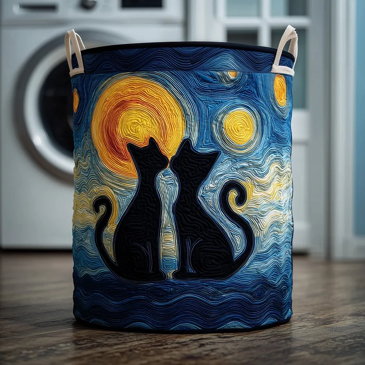 Starry Night Cat Couple Quilted Laundry Basket GFTOXM165