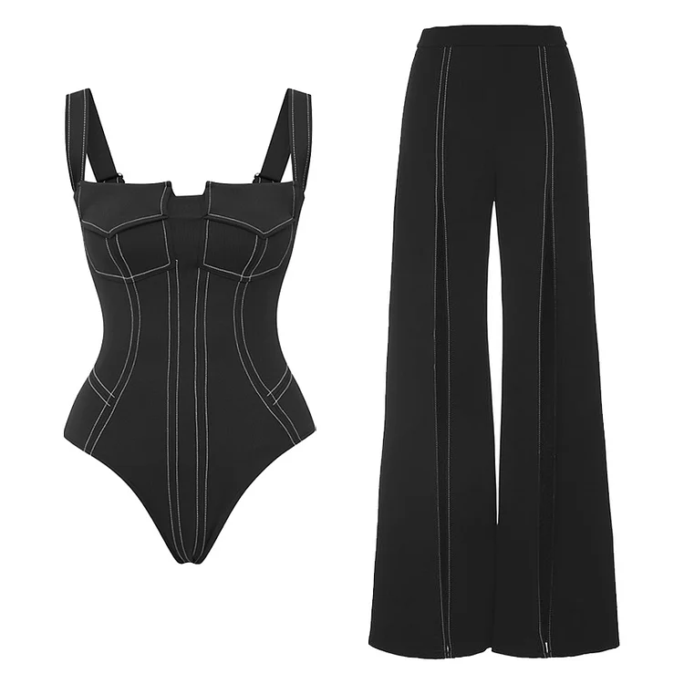 Black Pocket One Piece Swimsuit and Slit Pant Flaxmaker