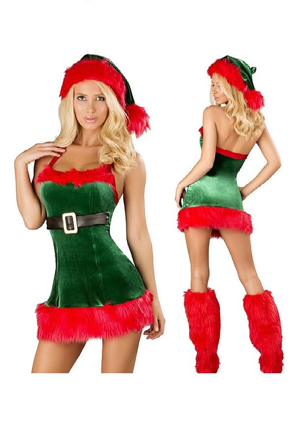 Sexy Fur Trim Christmas Santa Elf Costume for Women-elleschic