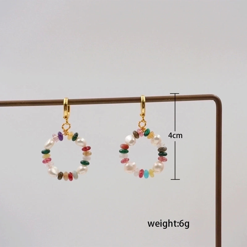 1 Pair Vintage Style Minimalist Geometric Beaded Natural Stone Freshwater Pearl Copper Gold Plated Drop Earrings