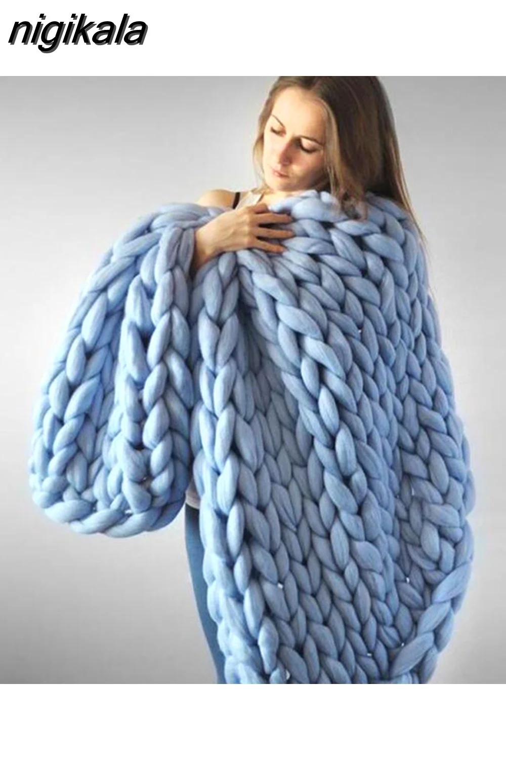 nigikala Chunky Merino Wool Blanket Thick Big Yarn Roving Knitted Blanket Winter warm Throw Blankets sofa bed blanket