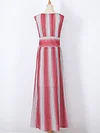 Striped Color-Block Deep V-Neck Pleated Maxi Dress