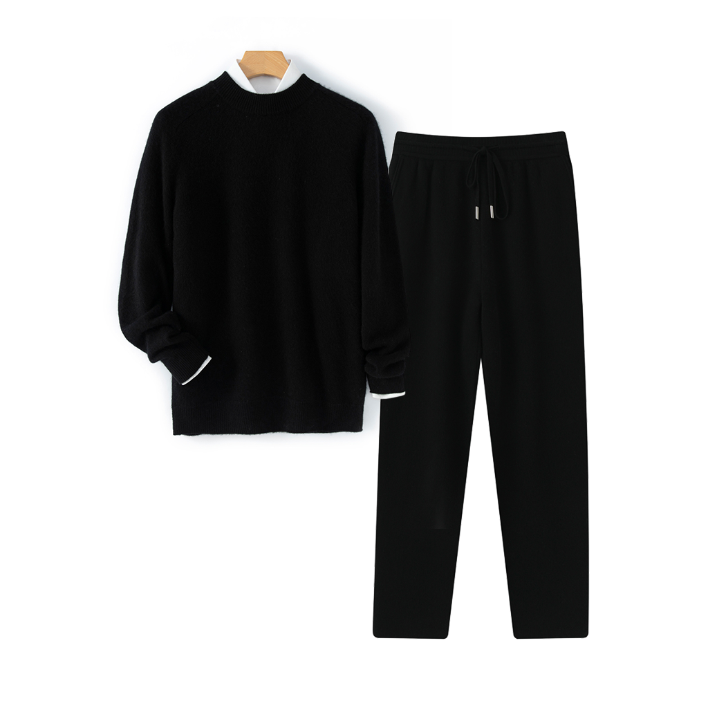 Men's Black Crew-Neck Cashmere Sweater and Pants Set | Modern Minimalist REAL SILK LIFE