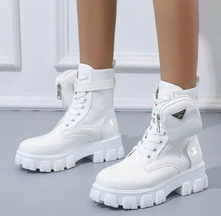 Black Punk Ankle Platform Motorcycle Martin Boots Women Lace Up Chunky Heel Belt Buckle Pocket Designer Shoes Women