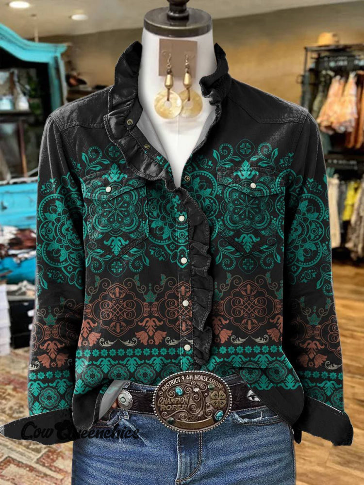 Women’s Vintage Flower Print Casual Long Sleeve Comfortable Cotton Shirt Multicolor / S