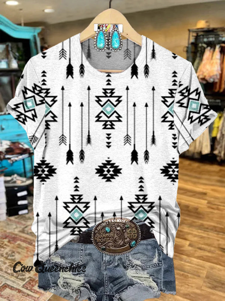 Aztec Art Print Round Neck Short Sleeves T-shirt Multicolor / S