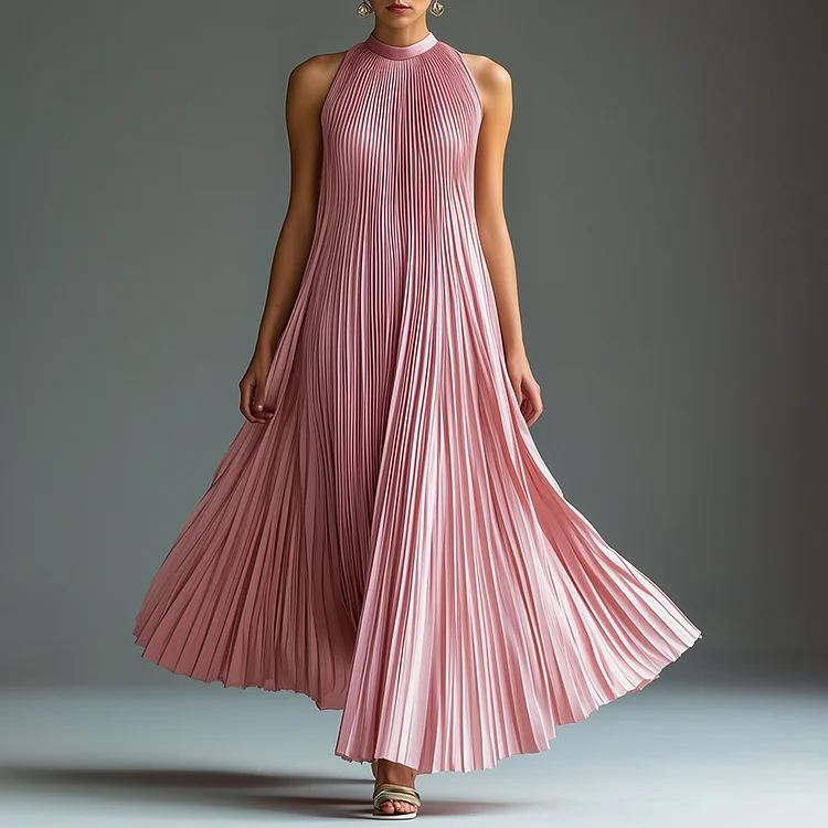 Ursime Solid Mock Neck Sleeveless Pleated Maxi Dress