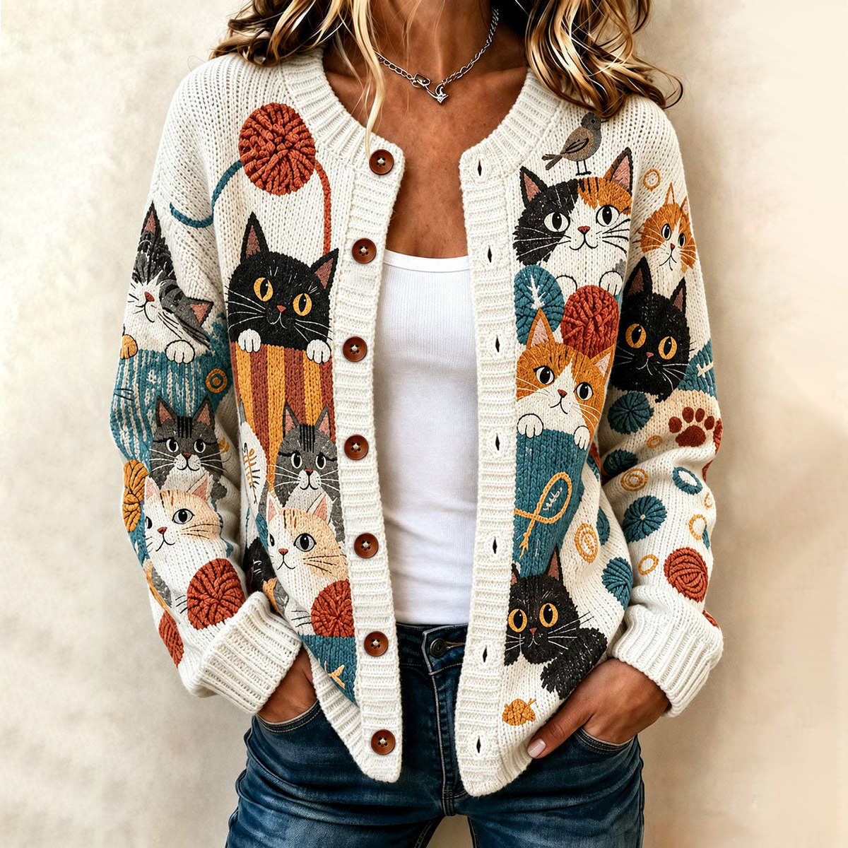 Comstylish Women's Vacation Retro Colorful Cat Print Crew Neck Cardigan