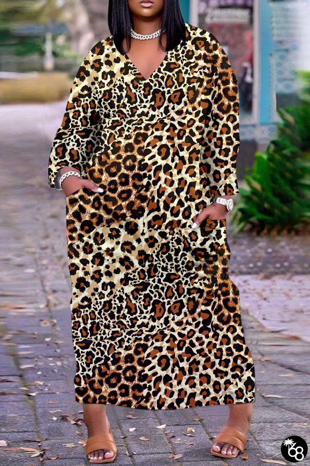 Leopard Print Casual Print Patchwork V Neck Long Sleeve Dresses | 168DEAL