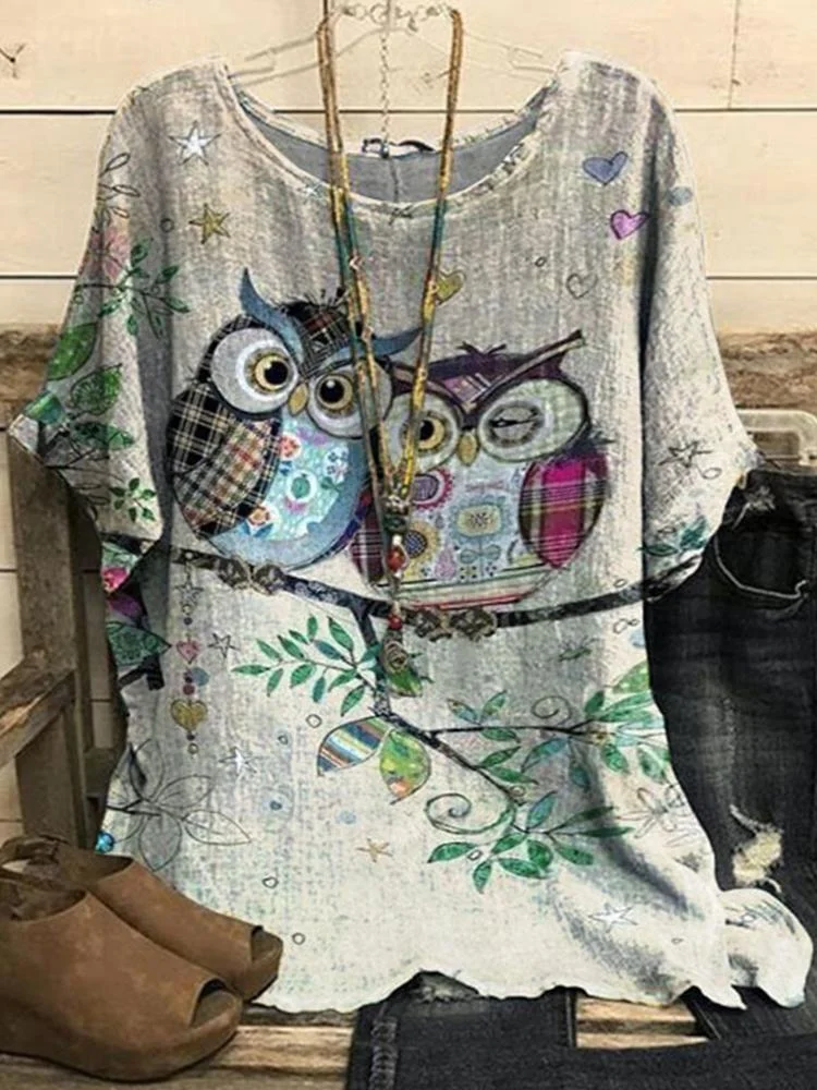 Cotton Linen Vintage Peacock Print Casual Short Sleeved Top