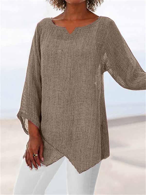 V neck Linen Plain Casual Asymmetric 3/4 Sleeve Plain Tops-Mayoulove
