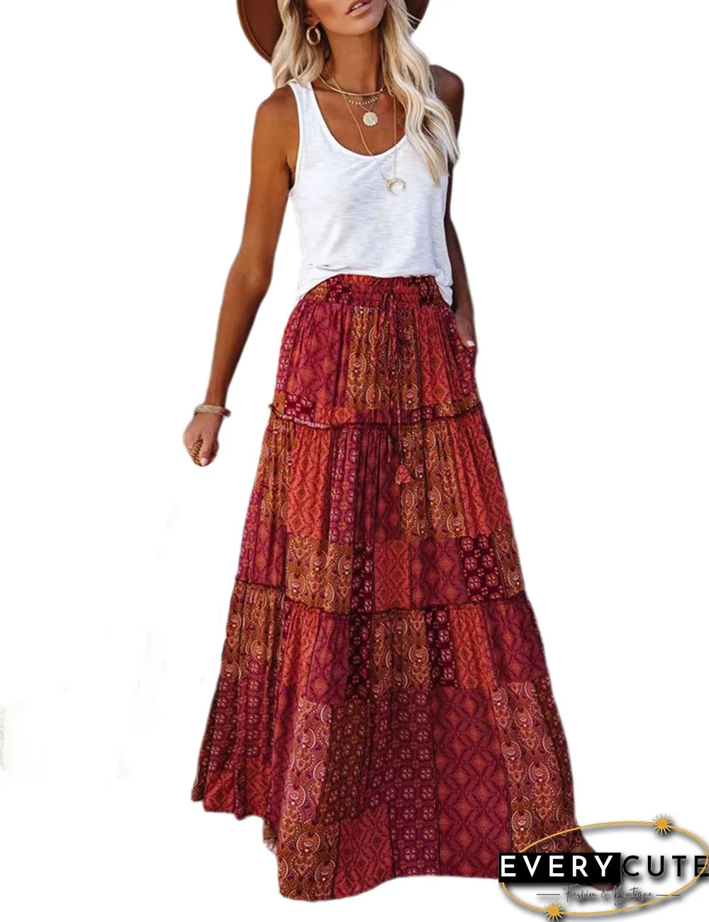 Red Boho Print High Waist Long Maxi Skirt