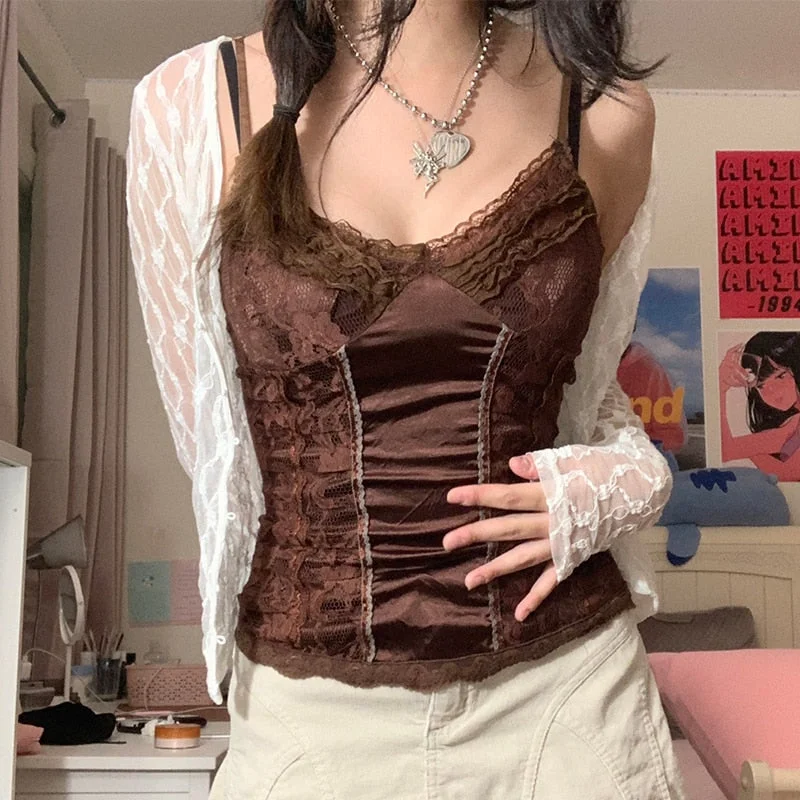 Rapcopter Y2K Brown Lace Crop Top Frill Satin Patched Mini Vest Backless V Neck Tank Tops Women Retro Sweet Cute Corset Sweats