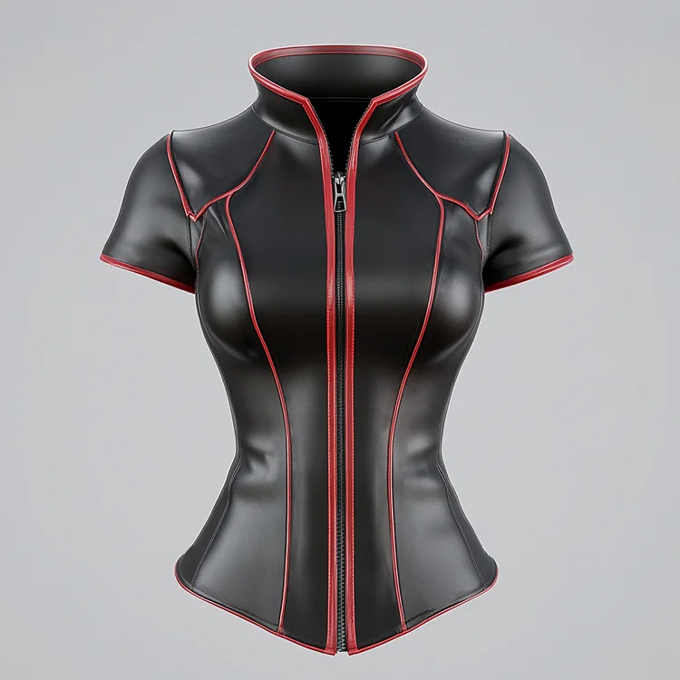 Ursime PU Leather Contrast Binding Short Sleeve Zipper Jacket