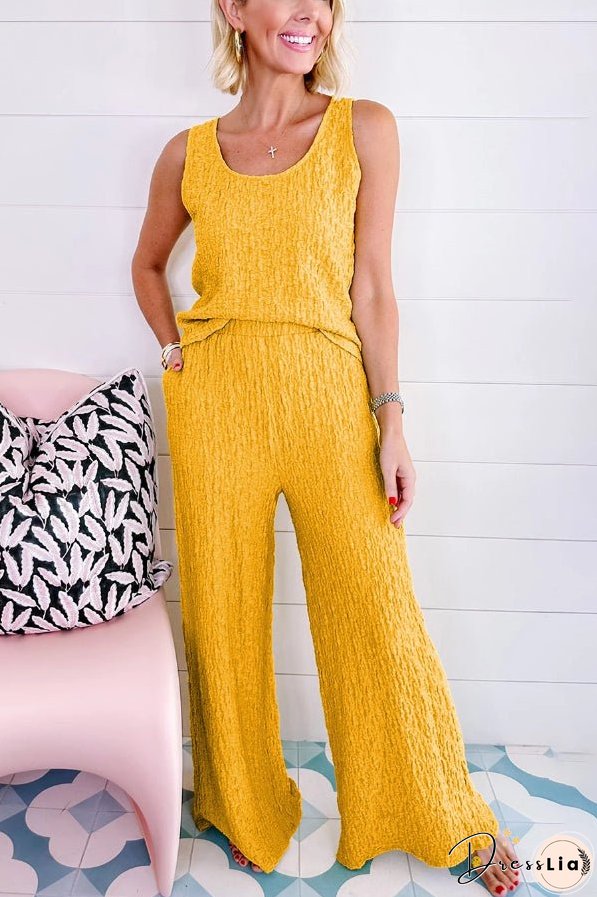 Yellow Crinkled U Neck Tank and Wide Leg Pants Set