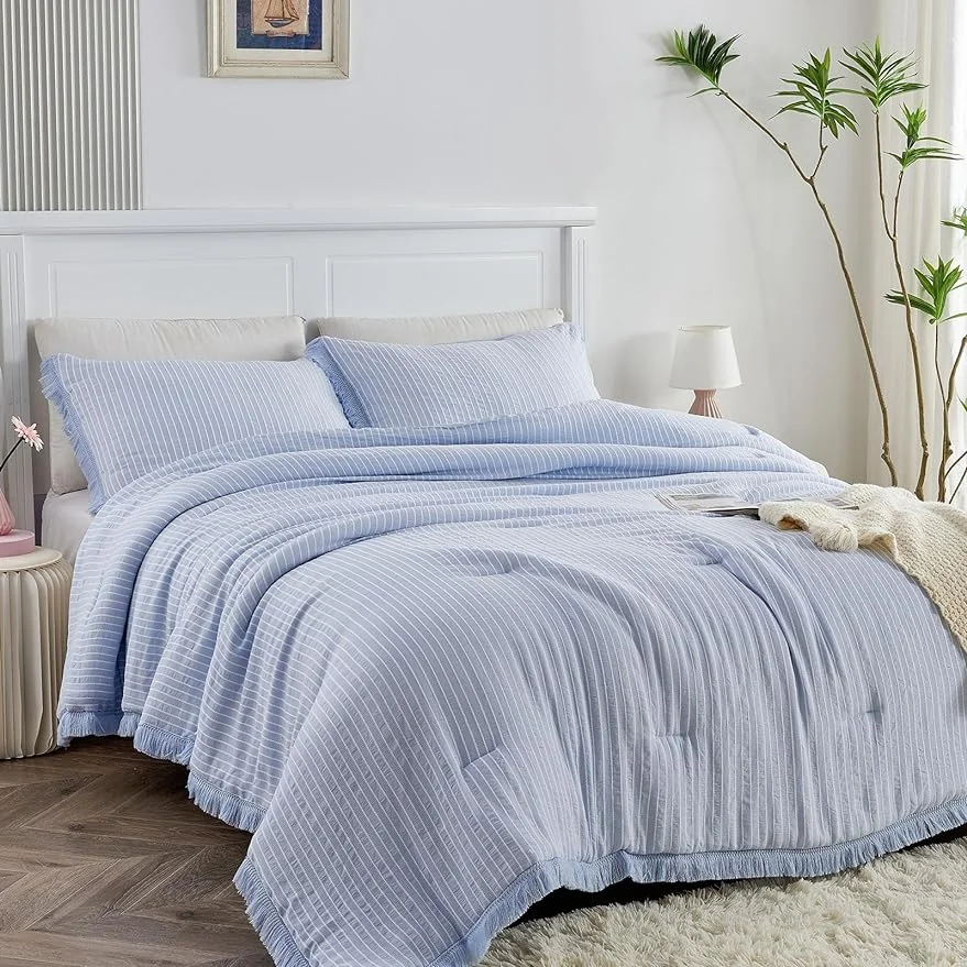 Qucover Comforter Set for Girls Blue/Coral Bedding Set with Jacquard Stripes, Tassel Fringe 2 PCS Twin Size Children Comforter with Pillowcase for Kids Teens Girls