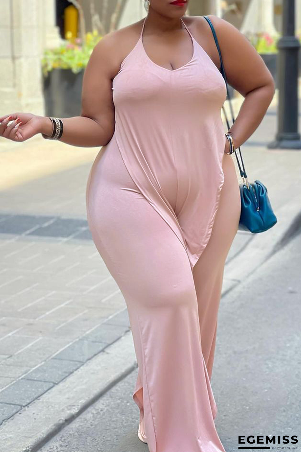 Pink Casual Solid Patchwork Halter Plus Size Jumpsuits | EGEMISS