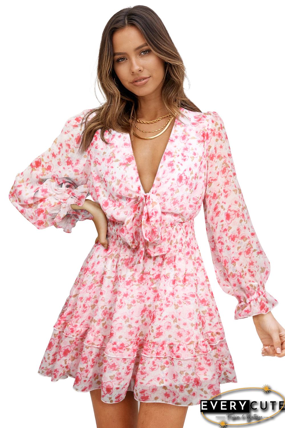 Pink Deep V Neck Lantern Sleeve Knotted Tiered Mini Dress