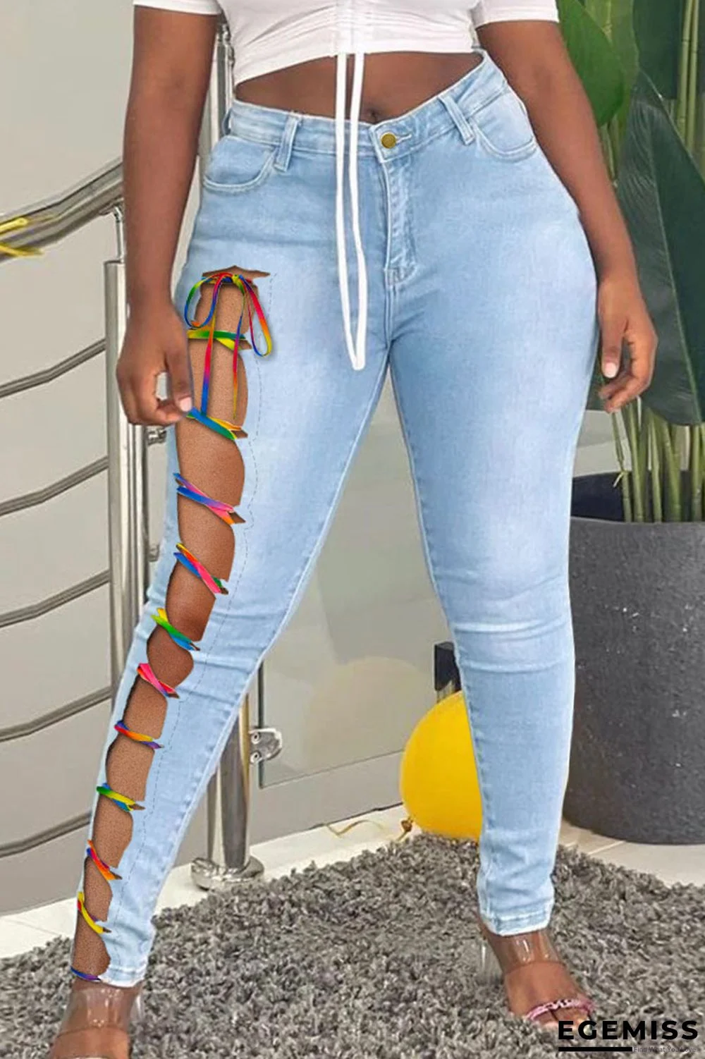 Light Blue Street Solid Bandage Hollowed Out Patchwork Plus Size Jeans | EGEMISS