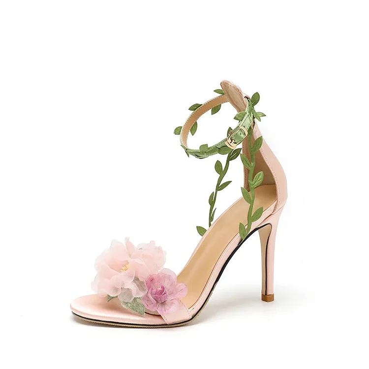 New Pink Countryside Chiffon Flower Fantasy High Heels Straight Vine Strap Sandals