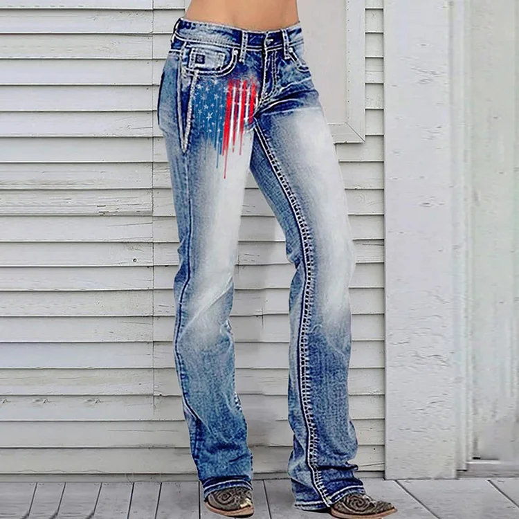 Comstylish Retro -washed Water Flag Printed Denim