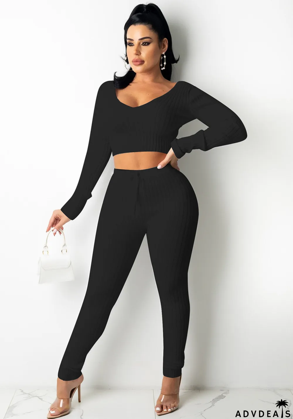 Women's Solid Color Sexy Ribbed V-Neck Two Piece Set