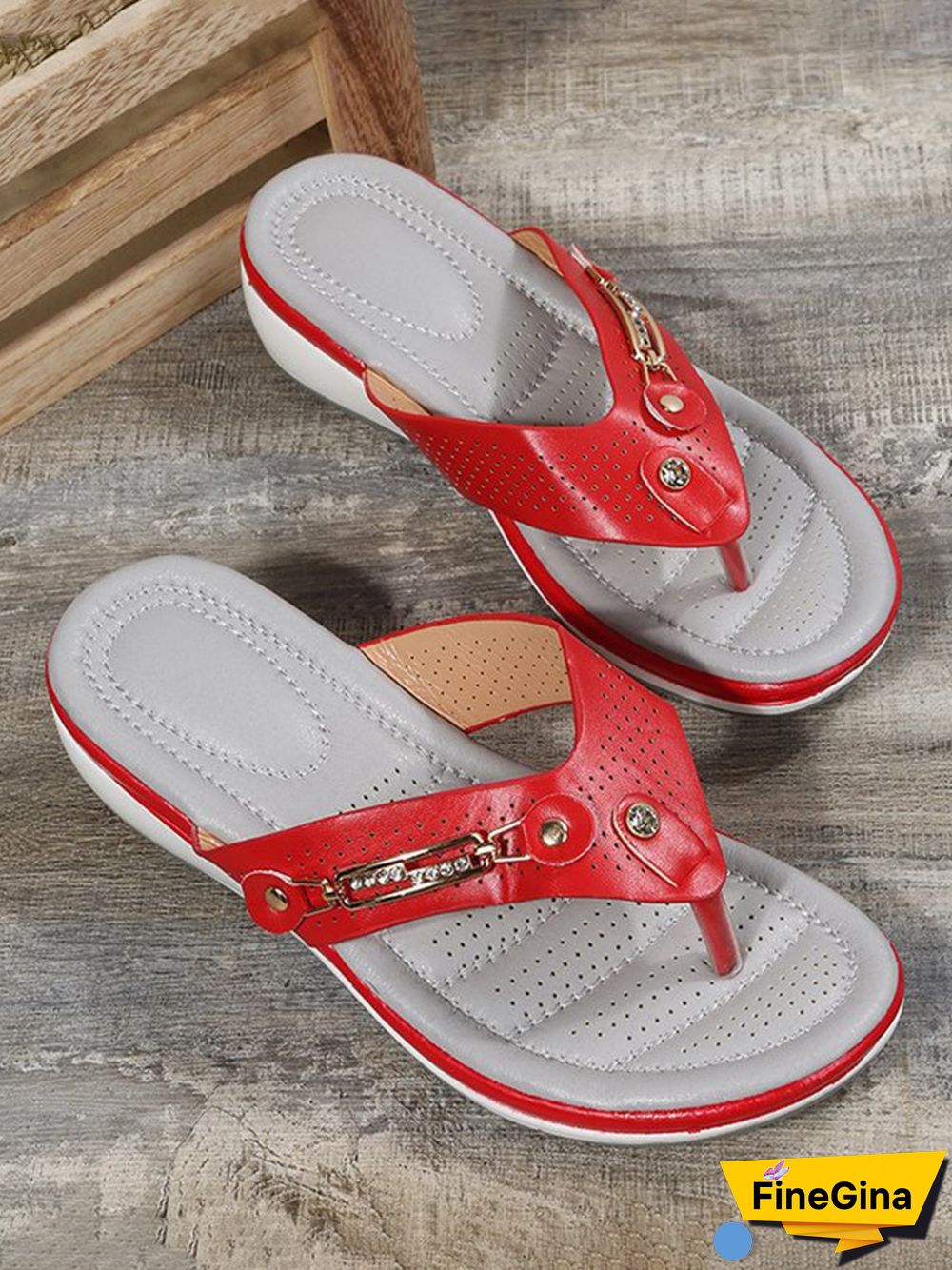 Metal Rhinestone Slope Heel Flip-Flops