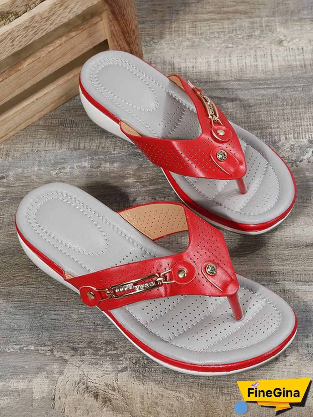 Metal Rhinestone Slope Heel Flip-Flops