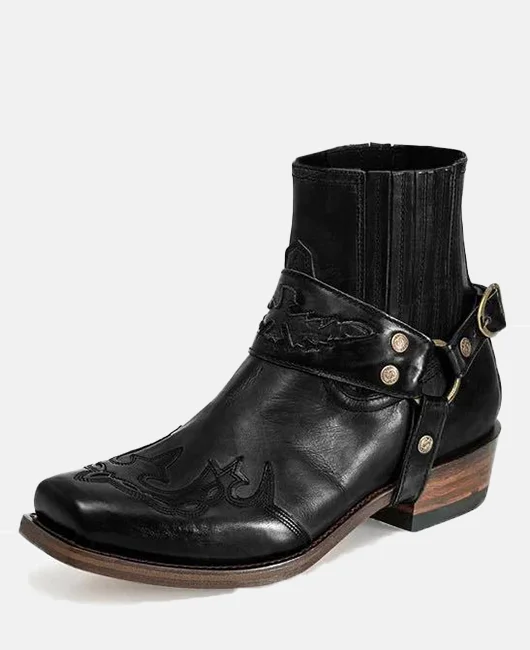 Retro Burn-out Square Toe Buckle PU Leather Short Boots 